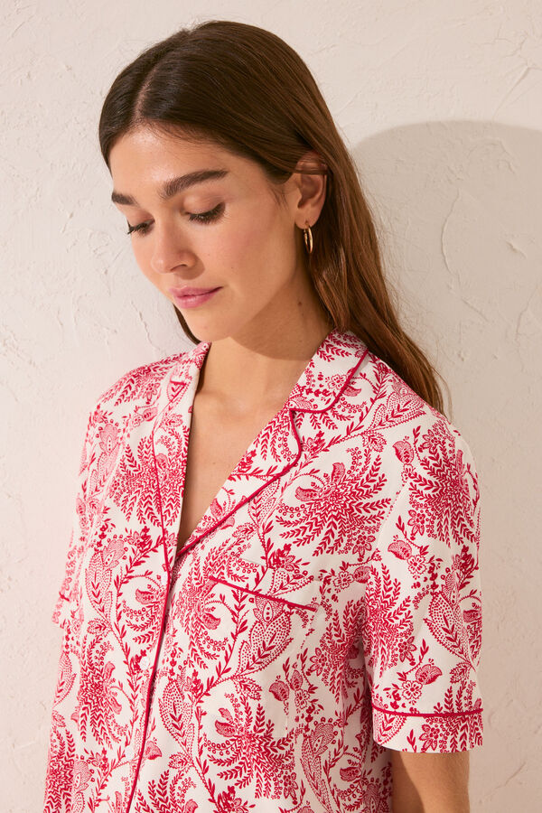 Women'secret Pijama camisero Capri estampado hojas burdeos