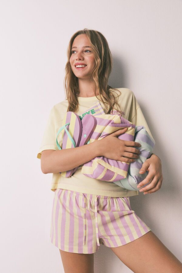 HI&BYE Pijama curto 100% algod&atilde;o &agrave;s riscas amarelo amarelo
