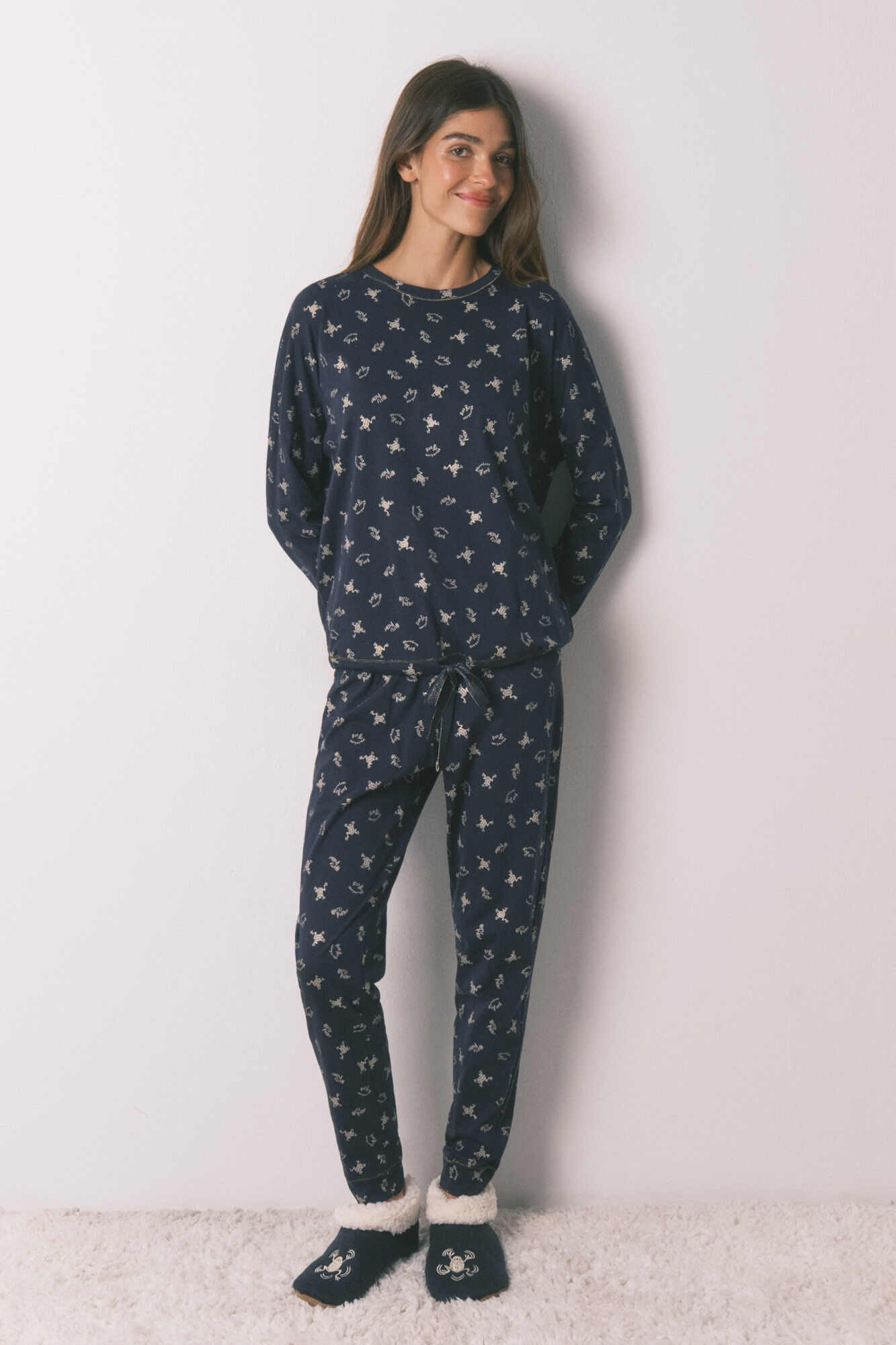 Women'secret Pijama largo 100% algod&oacute;n azul estampado ranitas 