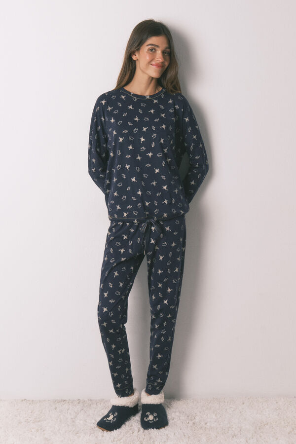 Women'secret Pijama largo 100% algod&oacute;n azul estampado ranitas  azul