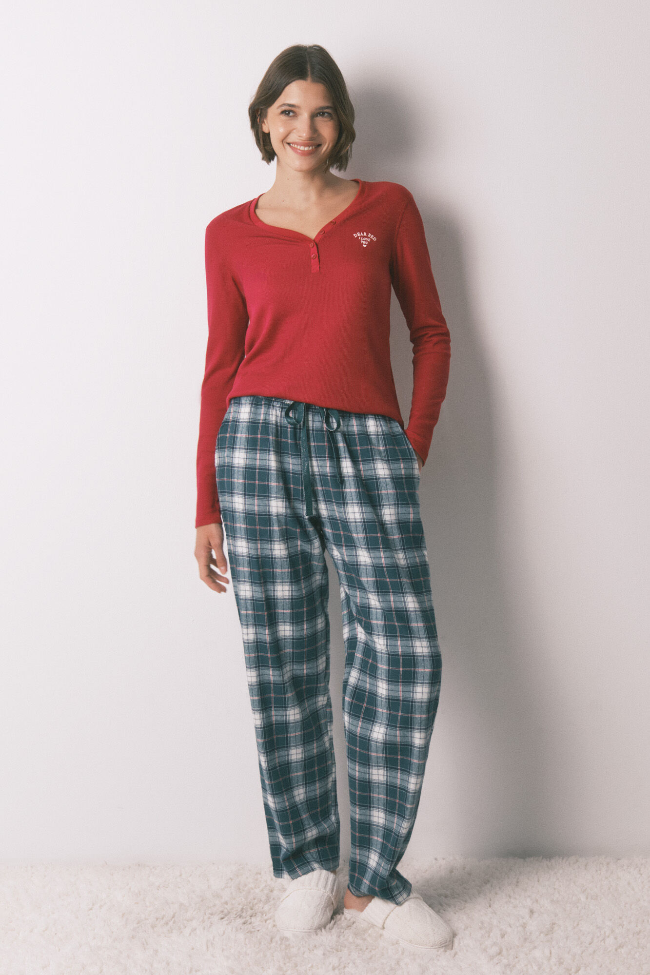 Women'secret Pantal&oacute;n largo 100% algod&oacute;n franela cuadros verde