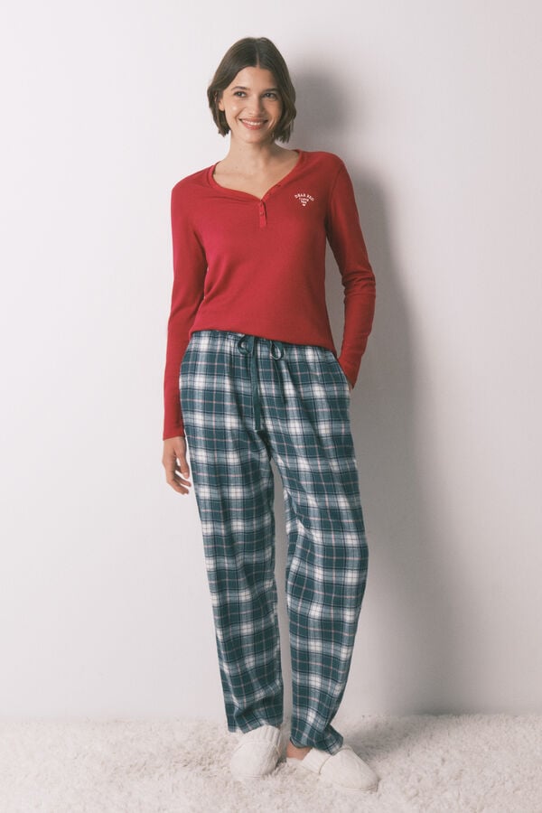 Women'secret Pantal&oacute;n largo 100% algod&oacute;n franela cuadros verde estampado