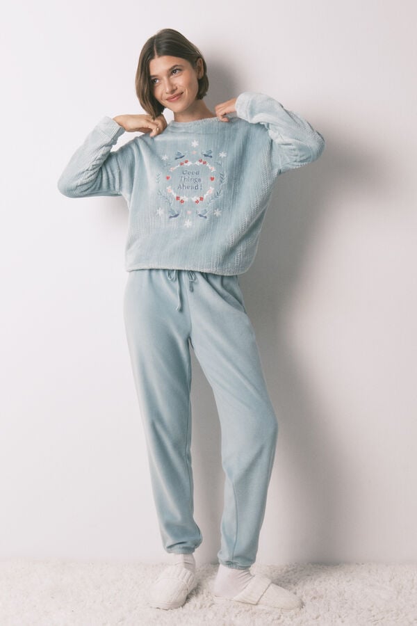 Women'secret Pijama largo polar textura azul azul