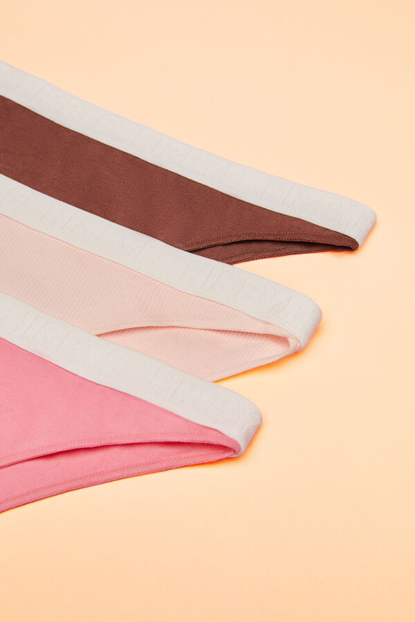 HI&BYE Pack 3 bragas brasile&ntilde;as algod&oacute;n logo rosa, blanco y marr&oacute;n estampado