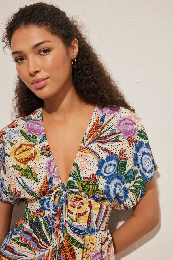 Women'secret Vestido corto estampado tropical blanco