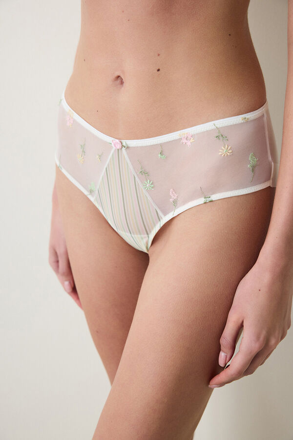 Penti Calcinha hipster marfim bordado com flores bege