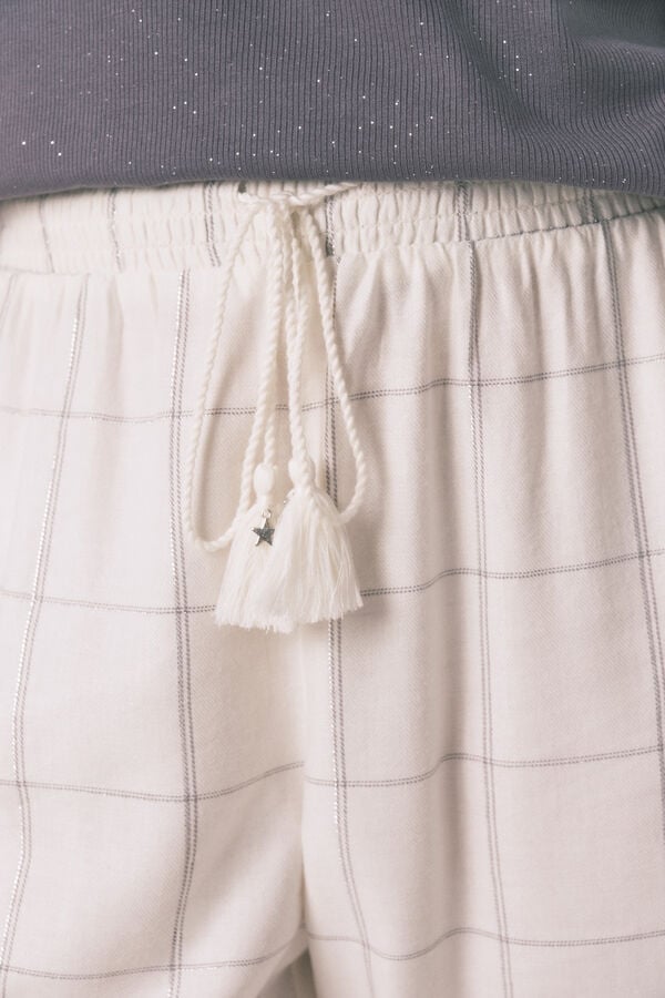 Women'secret Pantal&oacute;n largo franela blanco print cuadros marfil