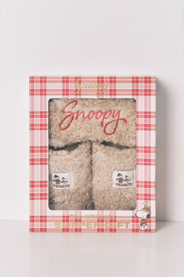 Women'secret Pacote de presente com chinelos de quarto de borrego e m&aacute;scara para os olhos do Snoopy bege