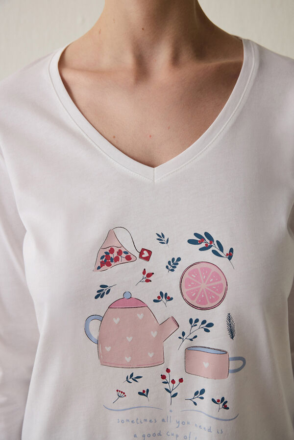 Penti Conjunto de pijama de manga comprida com estampado de x&iacute;cara de ch&aacute; e gola em V estampado