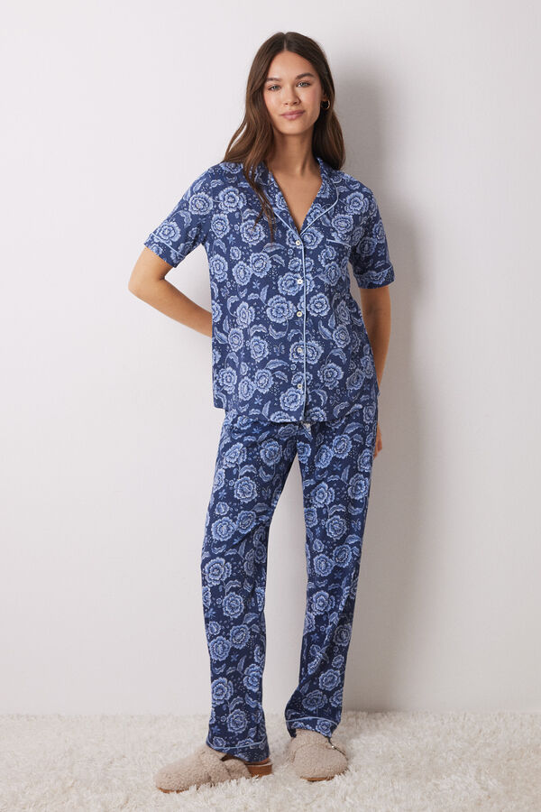 Women'secret Pijama camisa de algod&atilde;o manga curta cal&ccedil;a azul