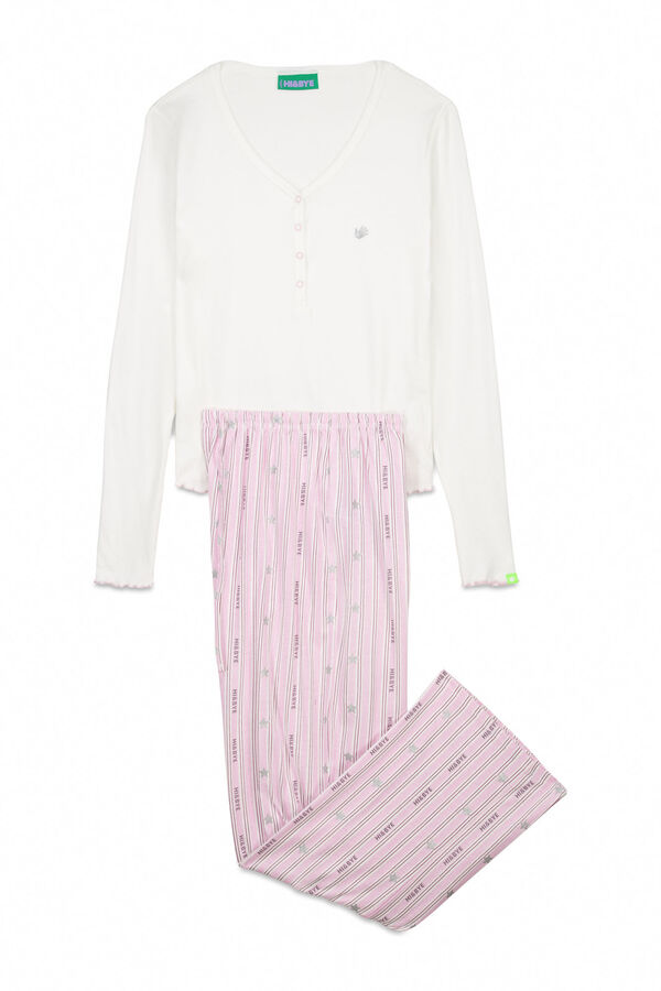HI&BYE Pijama comprido com riscas e logo  branco
