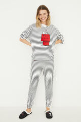 Womensecret Pijama largo terciopelo rayas Snoopy marfil negro