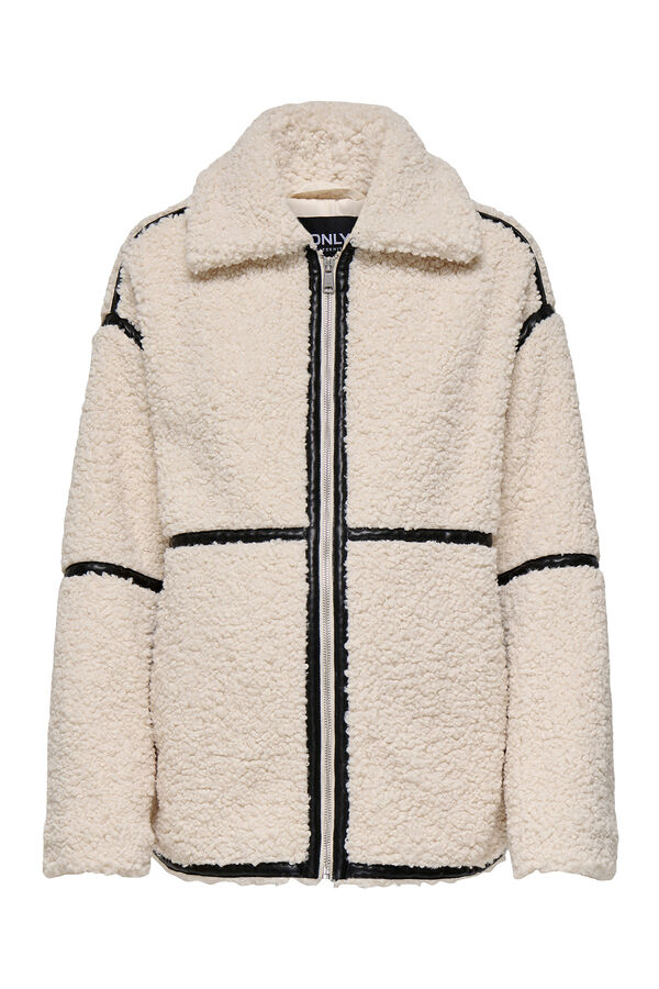 Only Maternity Jaqueta teddy bege para pré-mamã com detalhe de fitas preta branco