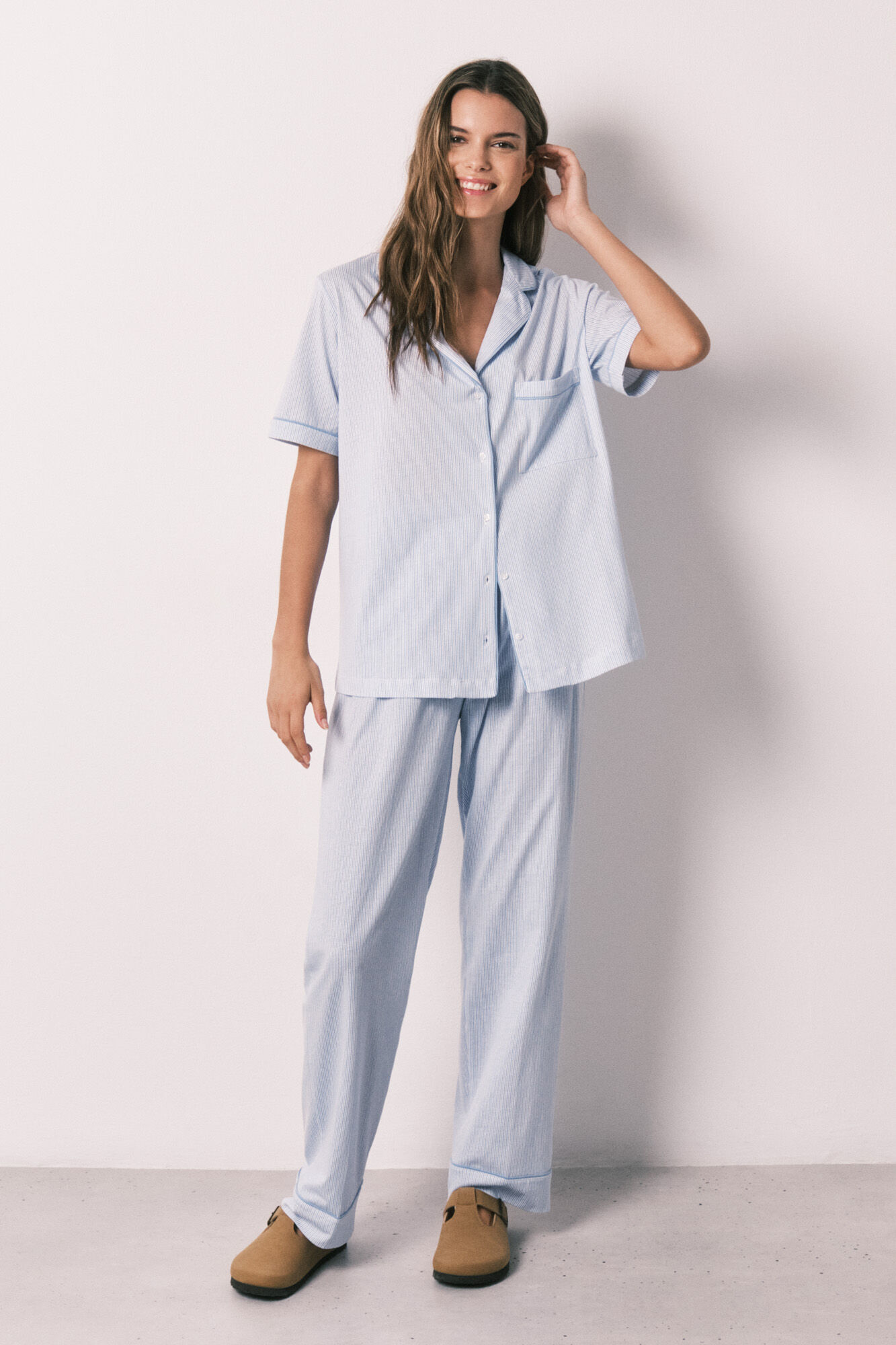 Women'secret Pijama camisero 100% algod&oacute;n rayas azul