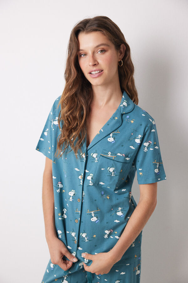 Women'secret Pijama camisero 100% algod&oacute;n verde Snoopy verde