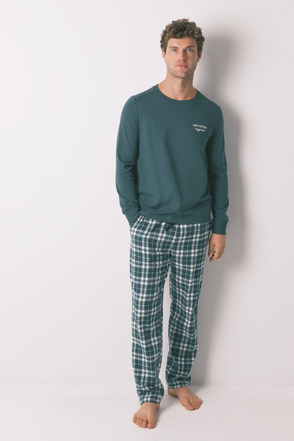 Women'secret Pijama largo 100% algod&oacute;n cuadros verde verde