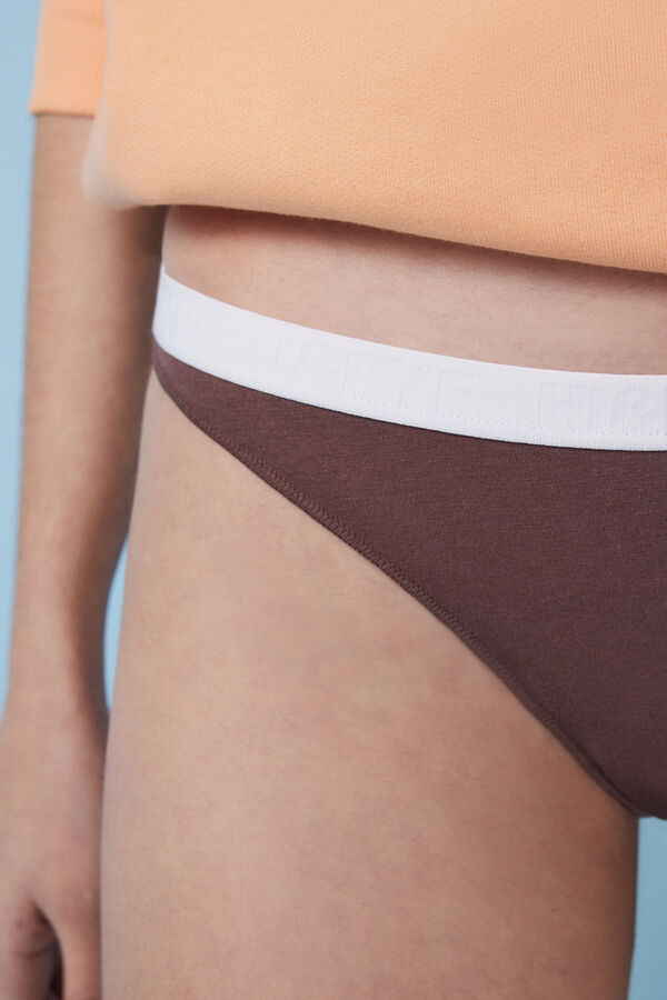 HI&BYE Pack 3 bragas brasile&ntilde;as algod&oacute;n logo rosa, blanco y marr&oacute;n estampado