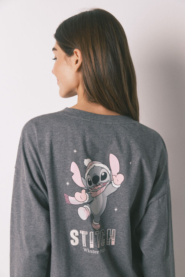 Women'secret Pijama largo 100% algod&oacute;n gris cuadros Stitch gris