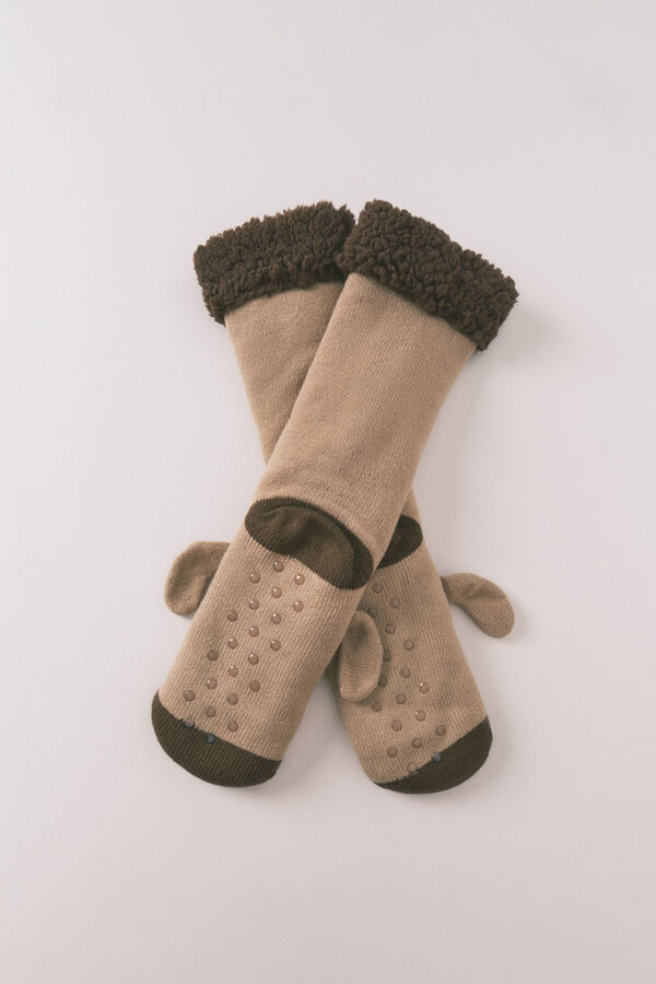 Women'secret Calcetines largos tricot marr&oacute;n print perro beige