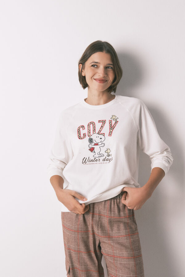 Women'secret Pijama longo 100% algod&atilde;o estampado xadrez Snoopy bege