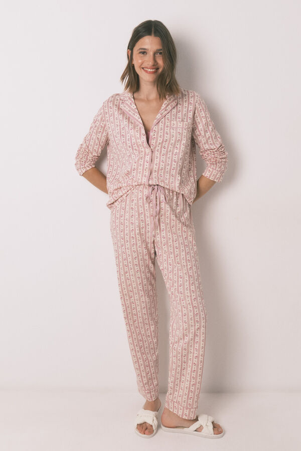 Women'secret Pijama camisero largo 100% algod&oacute;n flores rosa rosa