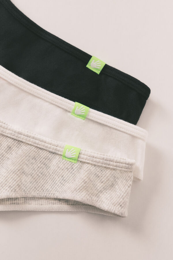 HI&BYE Pack de 3 cuequinhas brasileiras em algod&atilde;o branco, cinza e preto branco