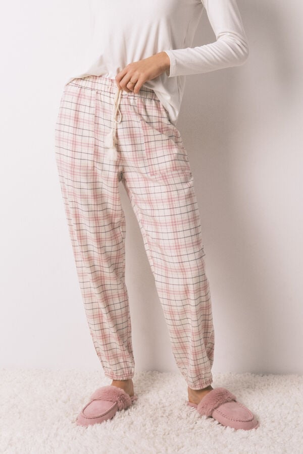 Women'secret Pantal&oacute;n largo franela rosa print cuadros rosa