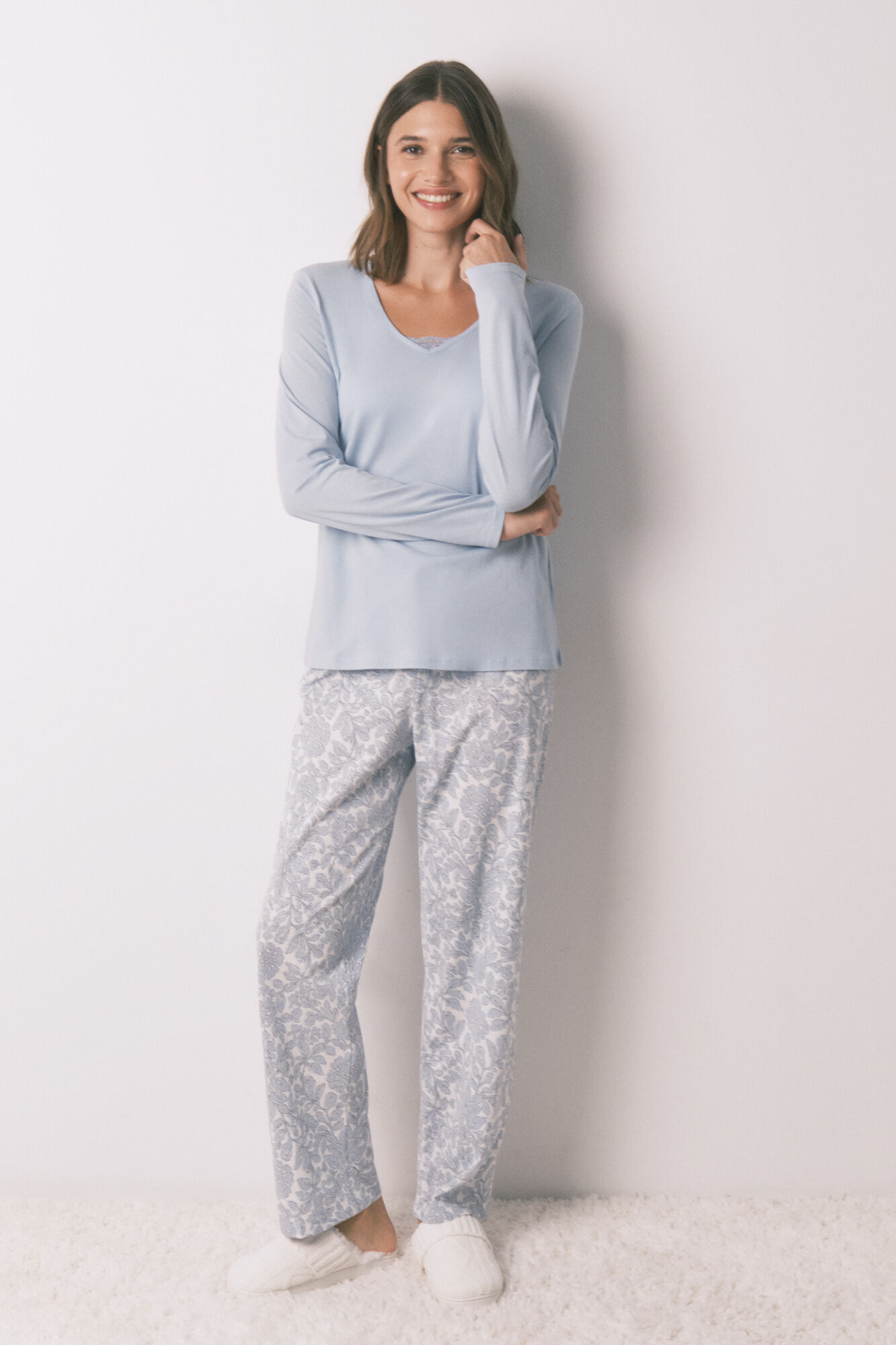 Women'secret Pijama comprido 100% algod&atilde;o com estampa floral azul
