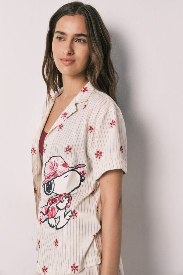 Women'secret Pijama curto camiseiro de riscas Snoopy bege