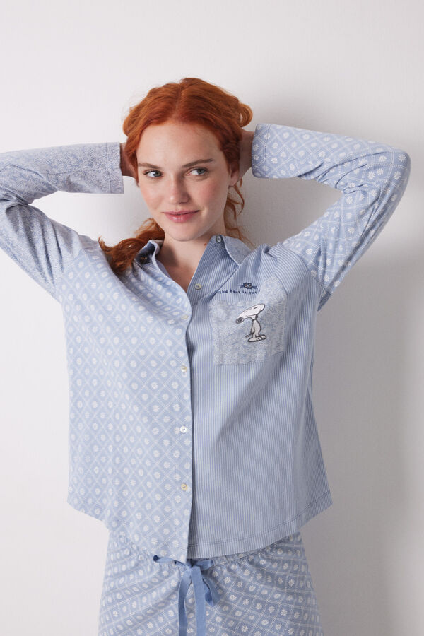 Women'secret Pijama camisero largo algod&oacute;n rayas Snoopy azul