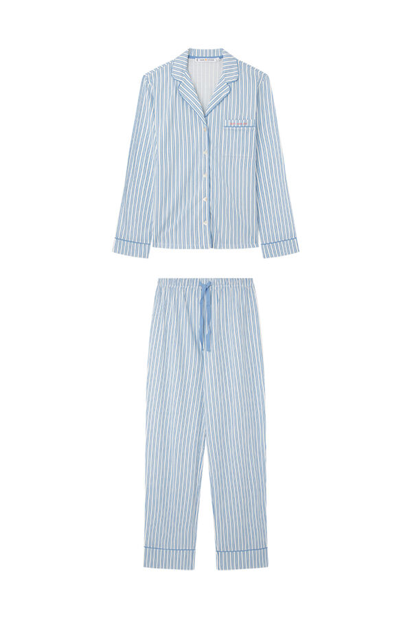 Women'secret Pijama camisero 100% algod&oacute;n rayas azul estampado
