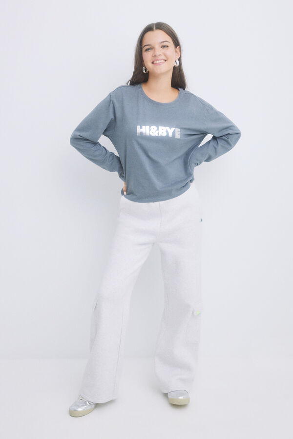 HI&BYE Pantal&oacute;n flare cargo felpa gris gris