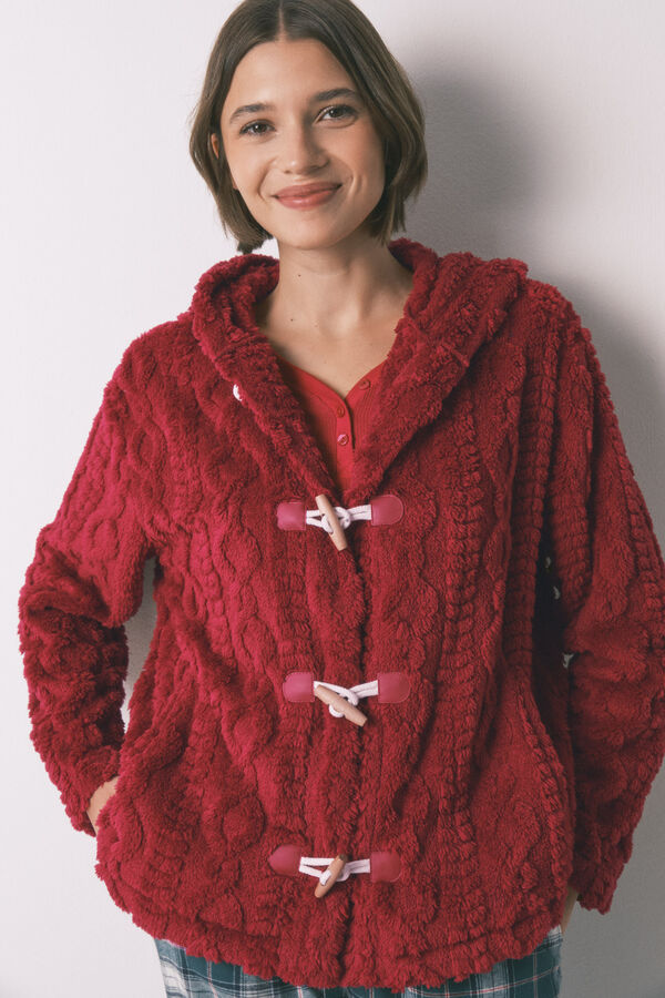 Women'secret Robe curto polar com capuz suave vermelho vermelho