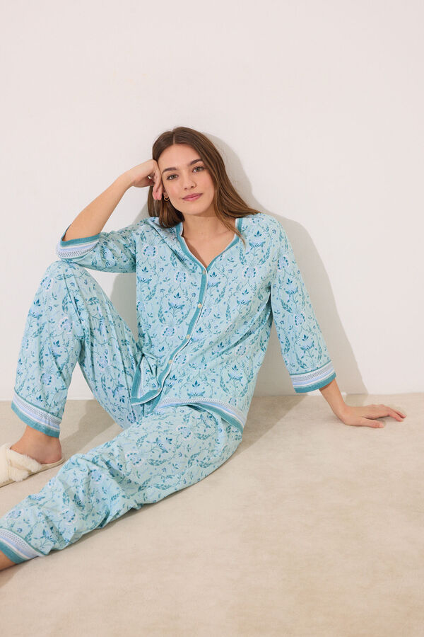 Women'secret Pijama largo 100% algod&oacute;n verde estampado flores verde