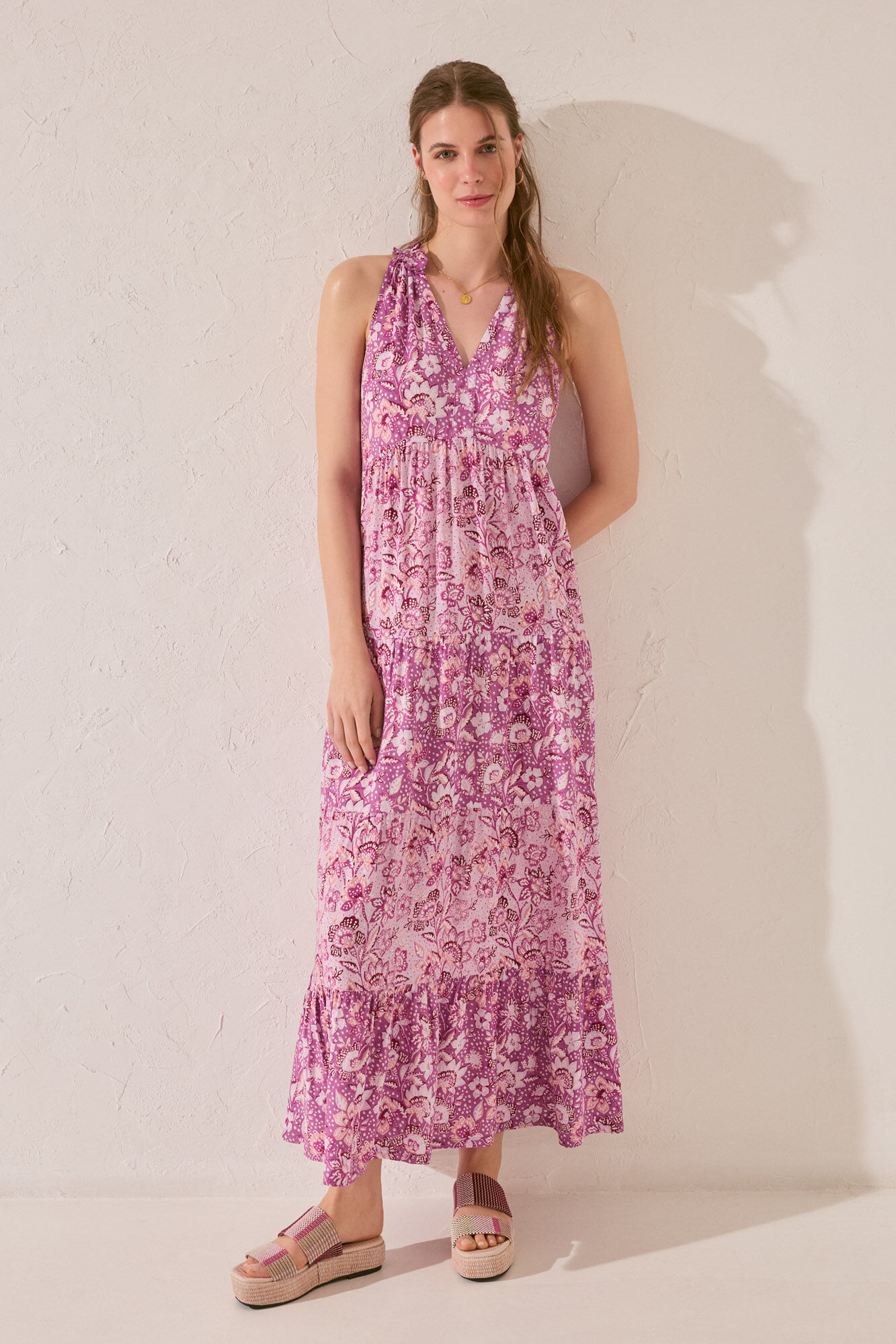 Women'secret Vestido longo com al&ccedil;as e estampado viscose roxa/lil&aacute;s