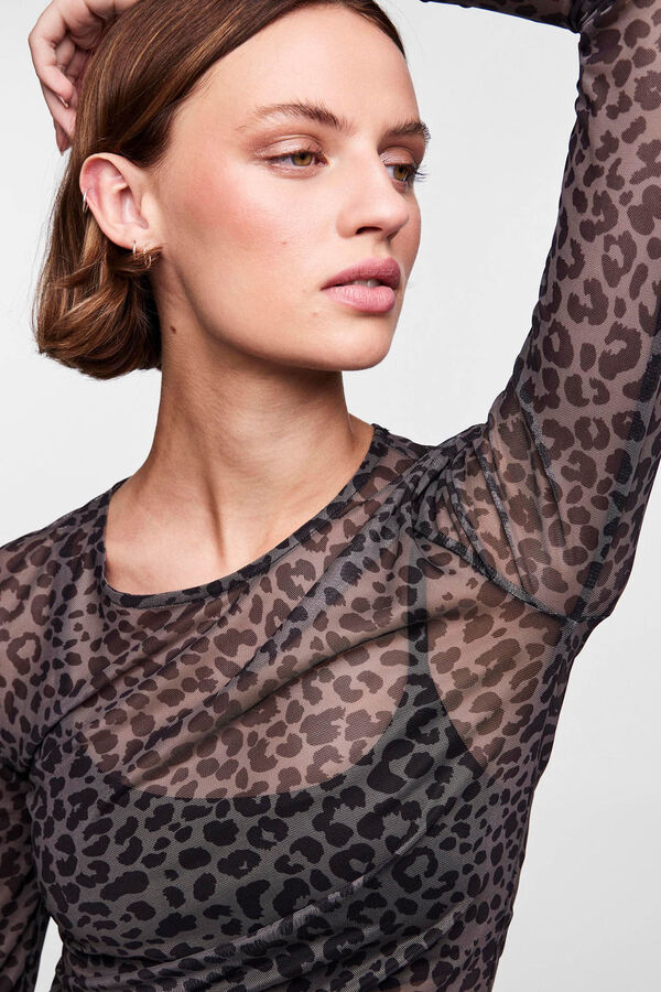 Pieces Top tule de manga comprida e print em leopardo preto