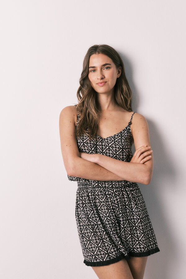Women'secret Macac&atilde;o curto de al&ccedil;as estampado geom&eacute;trico cru