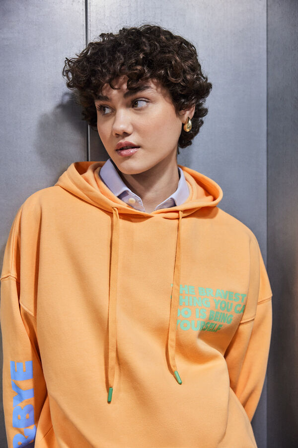 HI&BYE Sudadera capucha felpa naranja logo naranja