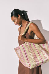 Women'secret Mala grande em tecido mesh com riscas verde e rosa estampado