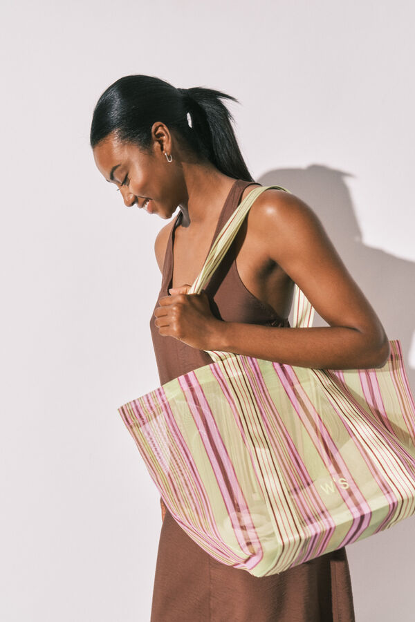 Women'secret Mala grande em tecido mesh com riscas verde e rosa estampado