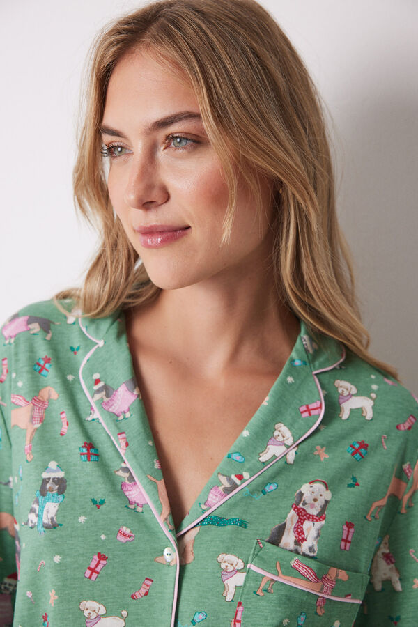 Women'secret Pijama camisero 100% algod&oacute;n perros navide&ntilde;os verde