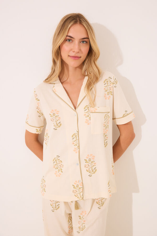 Women'secret Pijama largo camisero marfil algod&oacute;n marfil