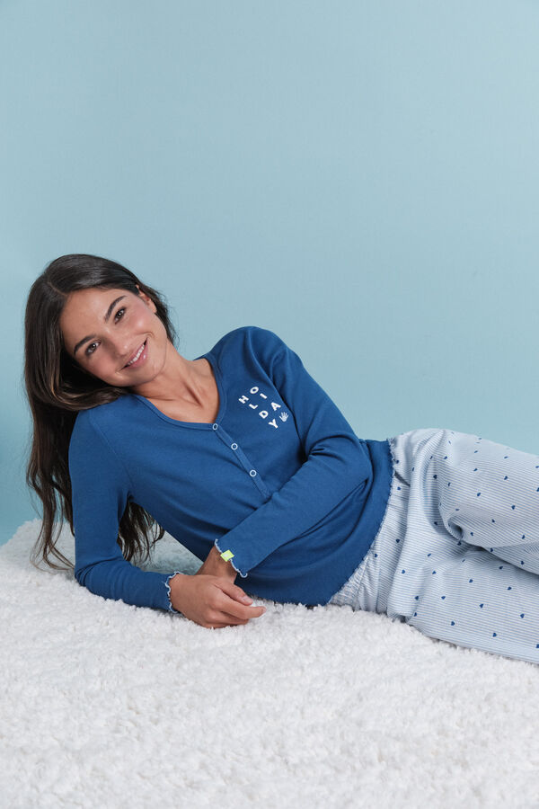 HI&BYE Pijama pijama comprido de algod&atilde;o riscas azul  azul