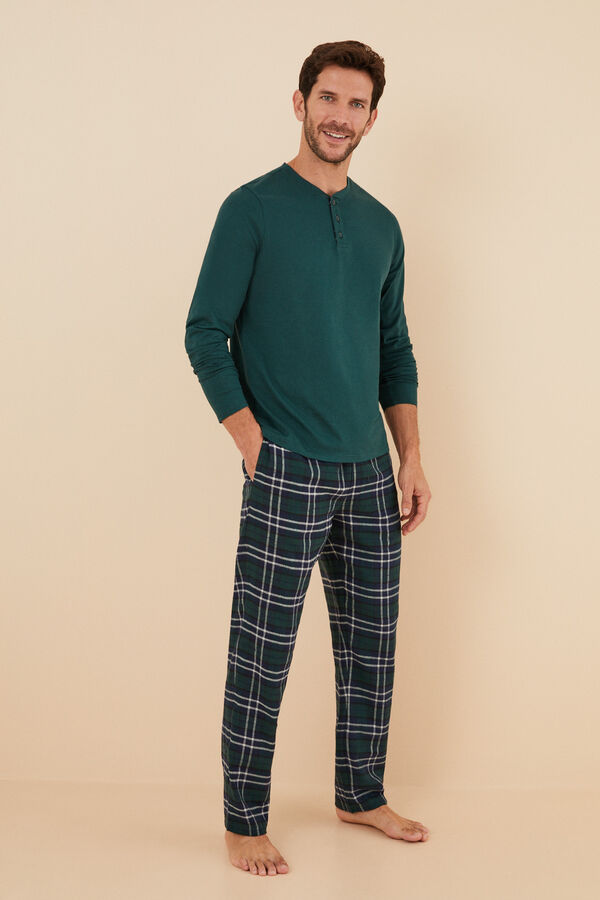 Womensecret Pijama largo hombre 100% algodón cuadros camiseta panadera kaki