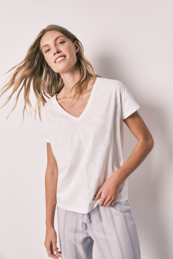 Women'secret Pijama comprido de manga curta em algod&atilde;o &agrave;s riscas lil&aacute;s bege
