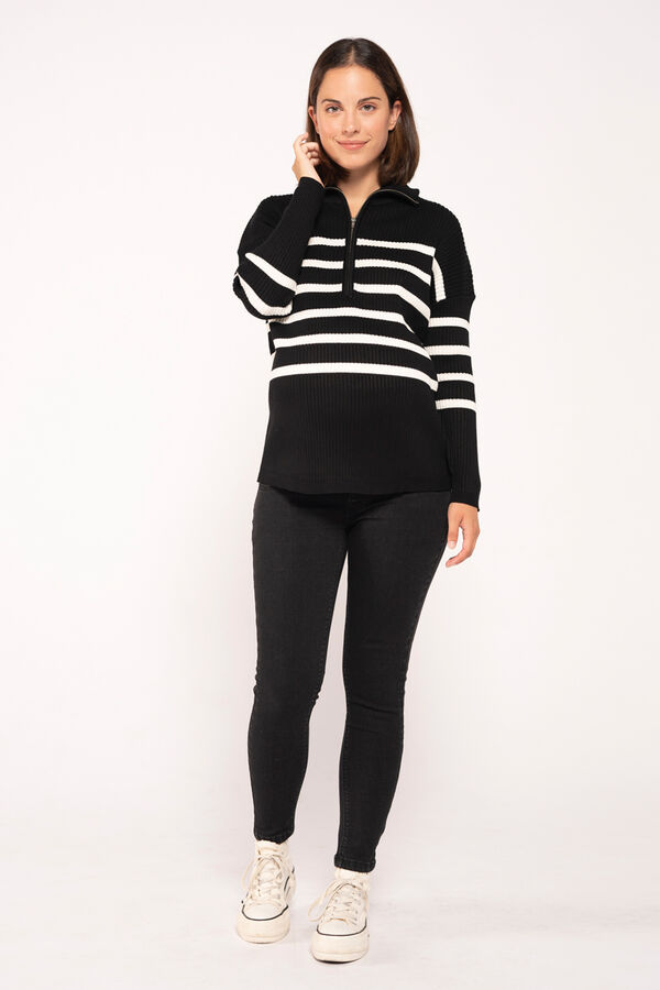 Ohma! Camisola às riscas para amamentação fecho-éclair maternity. preto