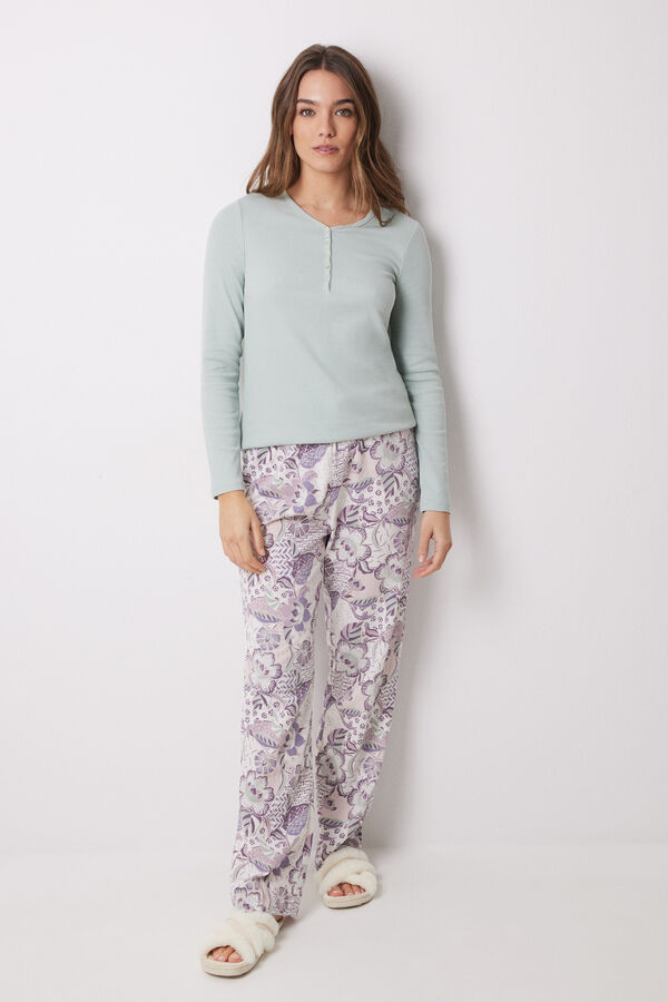 Women'secret Pantal&oacute;n largo 100% algod&oacute;n flores morado/lila
