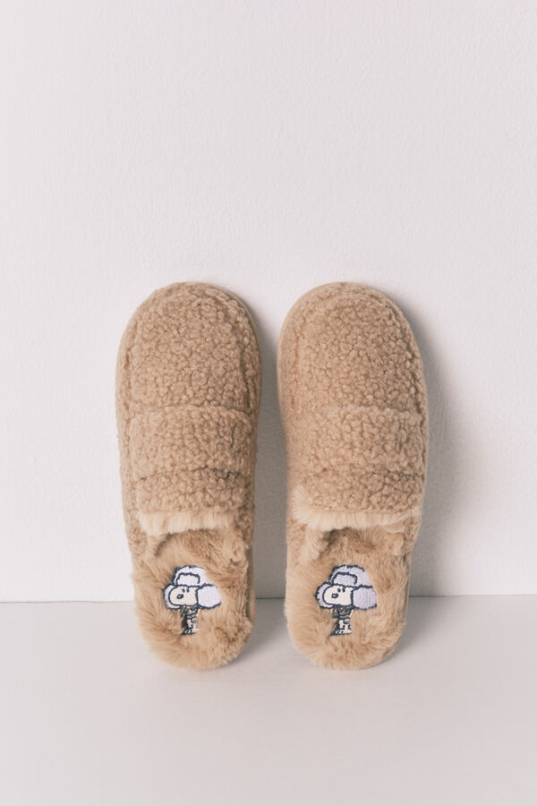 Women'secret Chinelos de mocassim quarto de borrego do Snoopy cru