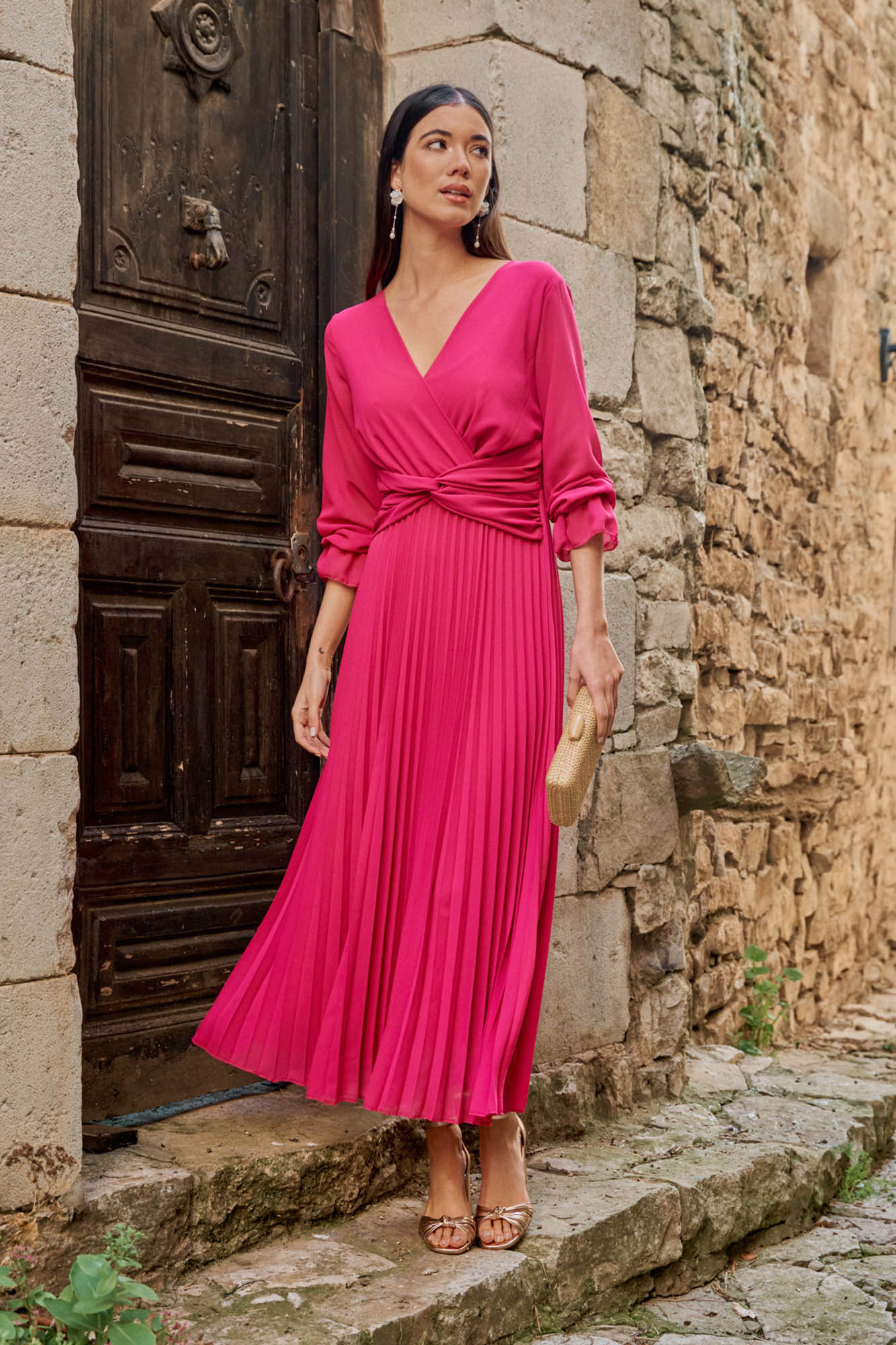 Plisados Vestido Fucsia Cortefiel Vestido Largo Con Plisados